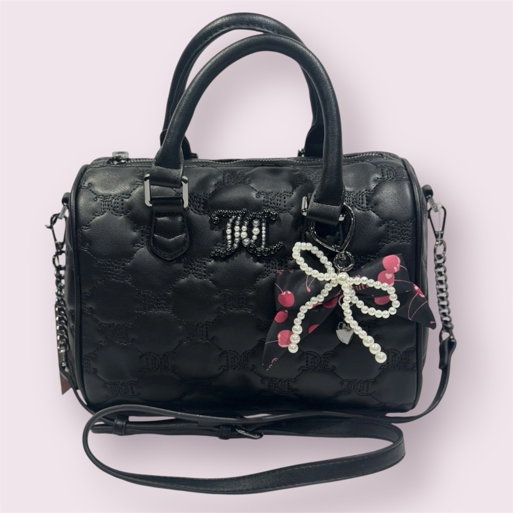 Juicy Couture Black Satchel with Pink Accent Bow and Pearl Charm
